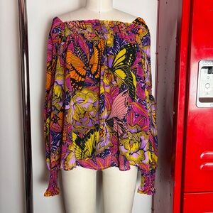 Anthropologie Multicolor Butterfly Print Off-Shoulder Blouse